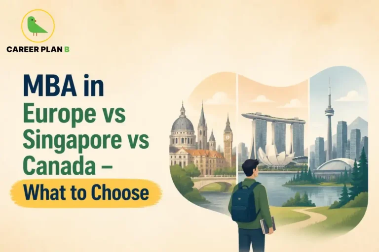 Illustration comparing MBA options in Europe, Singapore, and Canada, showing iconic landmarks and a student exploring international study destinations to choose the best MBA program.