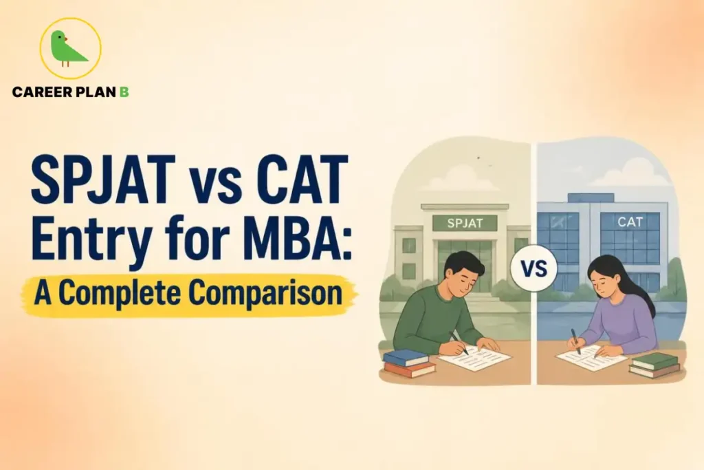 Illustration comparing SPJAT and CAT for MBA admissions, featuring students taking entrance exams with SPJAT and CAT campuses, highlighting a complete comparison of MBA entrance exams.