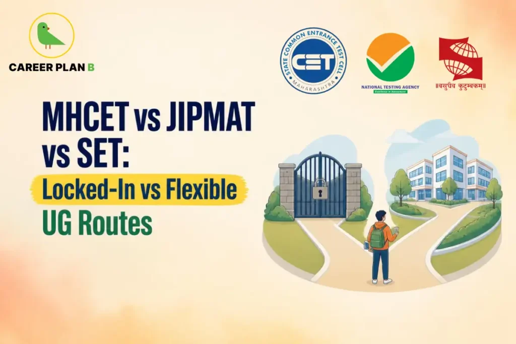Illustration comparing MHCET, JIPMAT, and SET for undergraduate management admissions, showing a student choosing between locked-in and flexible UG pathways with exam logos, a gated campus, and a university building.