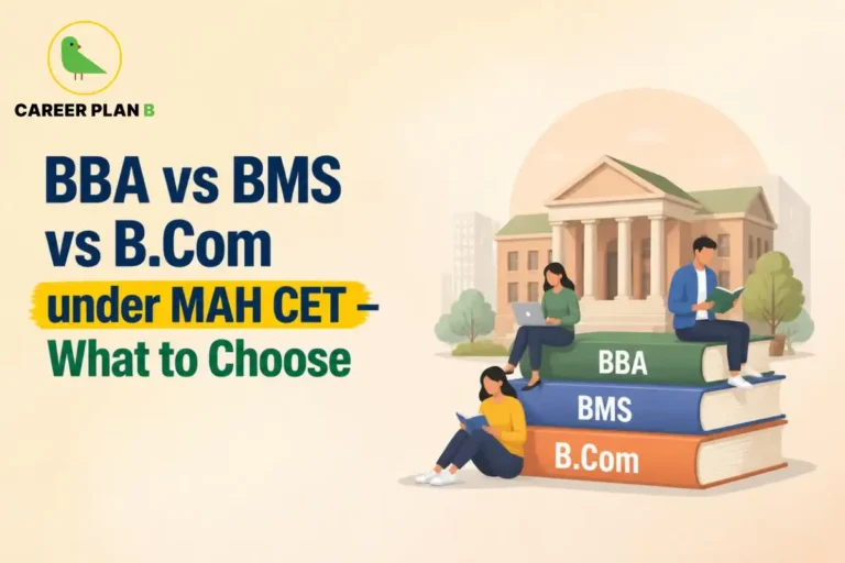 Illustration comparing BBA, BMS, and B.Com programs through MAH CET, featuring students studying on labeled books in front of a college building to help aspirants choose the right undergraduate course.