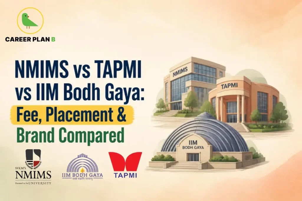 Illustration comparing NMIMS, TAPMI, and IIM Bodh Gaya MBA programs, showcasing campus buildings and institute logos while comparing fees, placements, and brand value to help students choose the right business school.