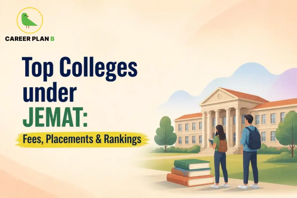 Illustration of top colleges under JEMAT with fees, placements and rankings, featuring Career Plan B logo.