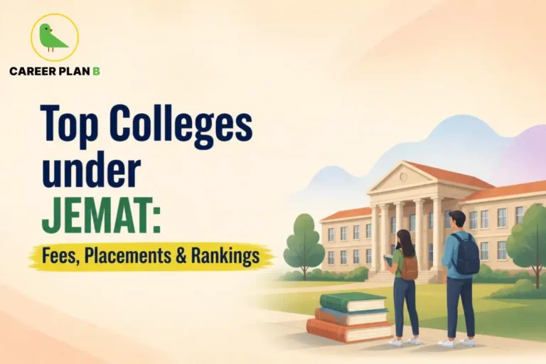 Illustration of top colleges under JEMAT with fees, placements and rankings, featuring Career Plan B logo.
