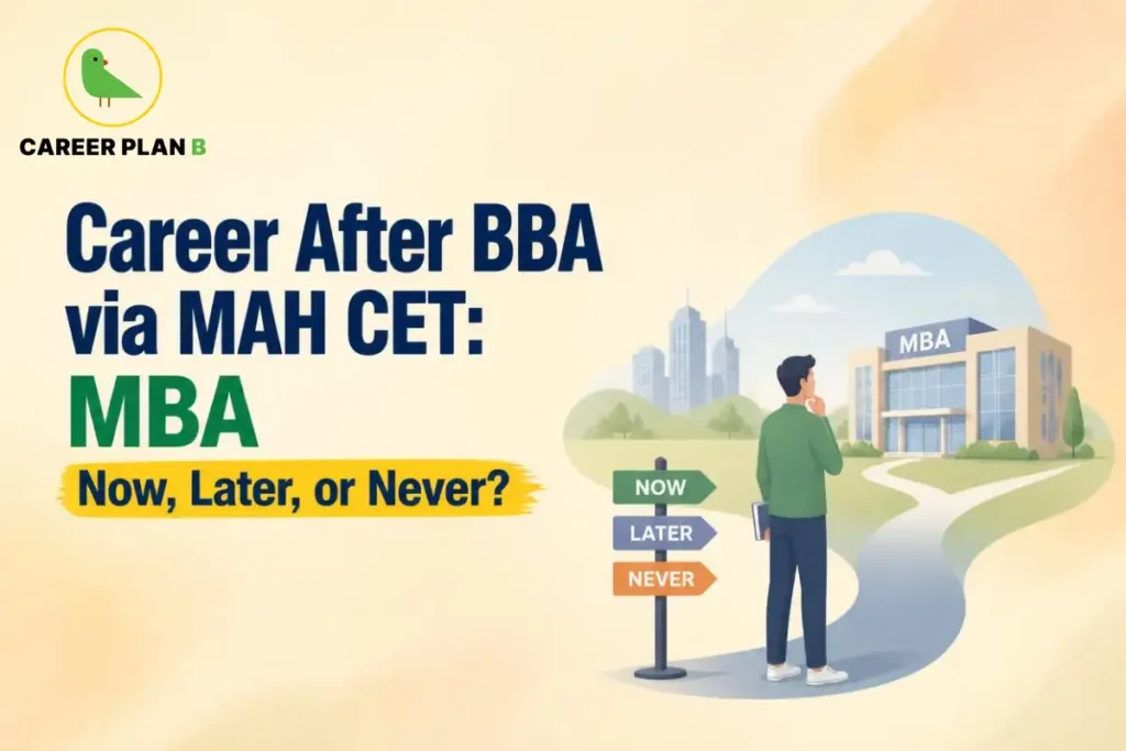 Career Plan B graphic showing career after BBA via MAH CET with MBA, now, later, or never options.