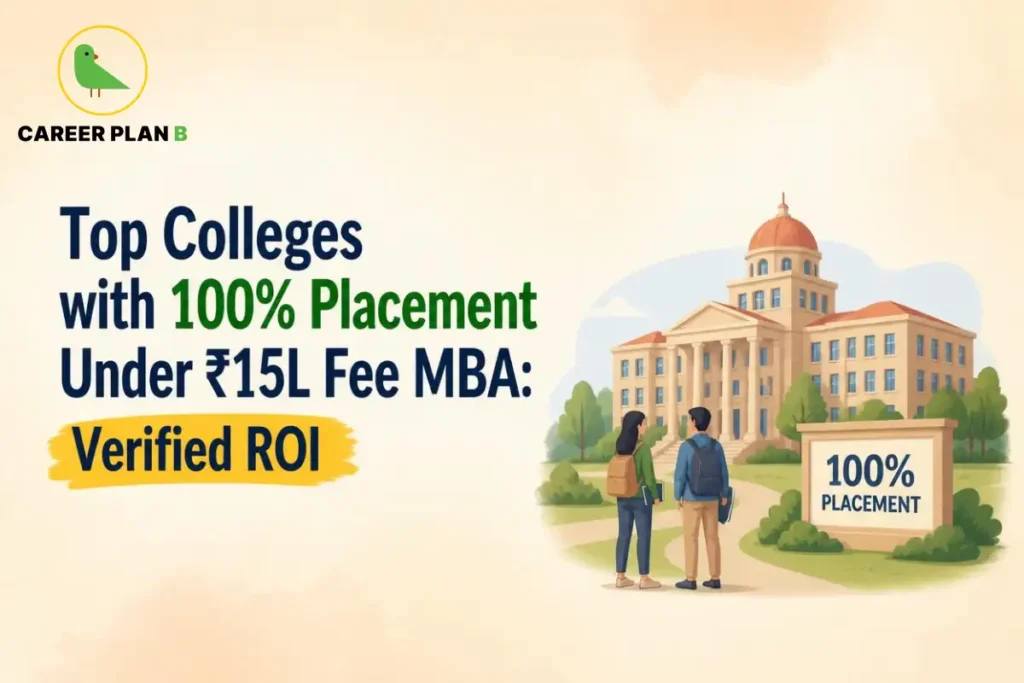 Career Plan B graphic showing top MBA colleges with 100% placement under ₹15 lakh fees and verified ROI.