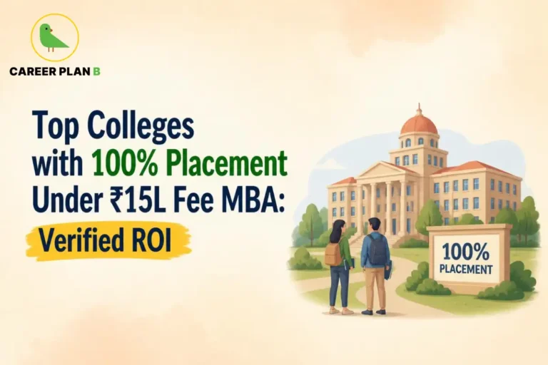 Career Plan B graphic showing top MBA colleges with 100% placement under ₹15 lakh fees and verified ROI.