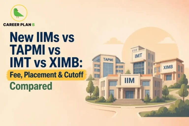 Career Plan B graphic comparing New IIMs, TAPMI, IMT, and XIMB by MBA fees, placement, and cutoff.
