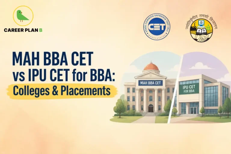 MAH BBA CET vs IPU CET for BBA colleges and placements, featuring Career Plan B logo.