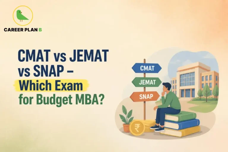 CMAT vs JEMAT vs SNAP for budget MBA, featuring Career Plan B logo, exam signposts, student, books, and campus.