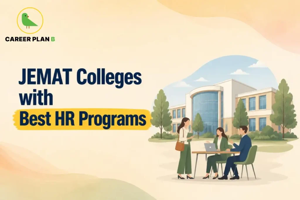 JEMAT colleges with best HR programs, featuring Career Plan B logo, campus, and students in a professional setting.