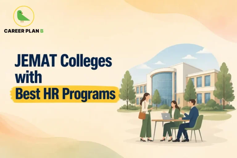 JEMAT colleges with best HR programs, featuring Career Plan B logo, campus, and students in a professional setting.