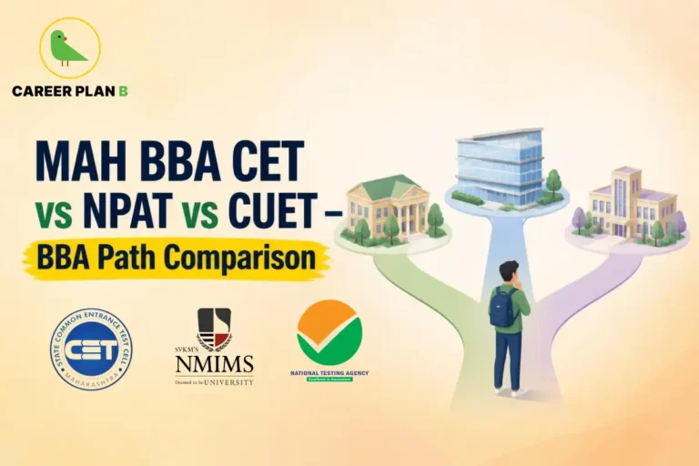 MAH BBA CET vs NPAT vs CUET BBA path comparison, featuring Career Plan B, CET, NMIMS and NTA logos.