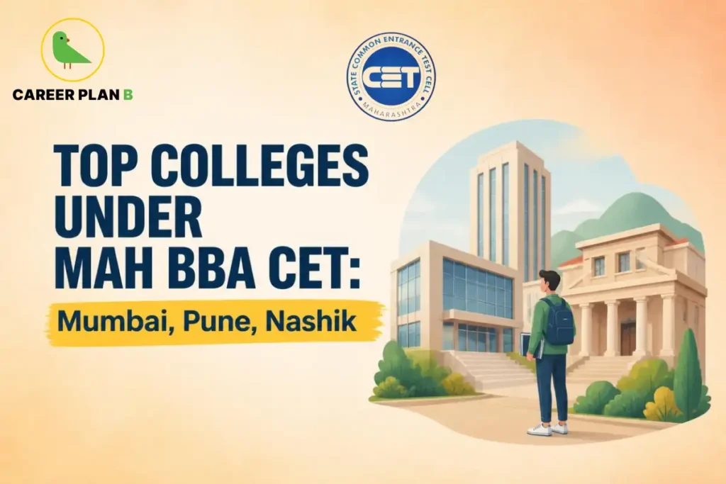 Top colleges under MAH BBA CET in Mumbai, Pune and Nashik, featuring Career Plan B and campus illustrations.