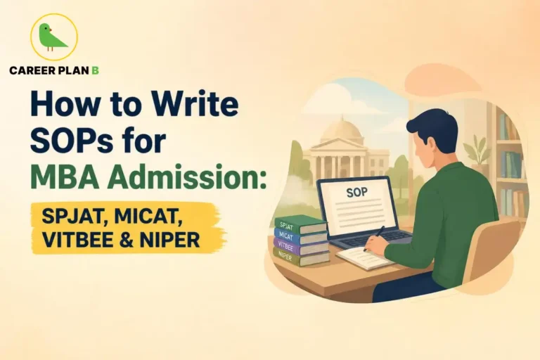 How to write SOPs for MBA admission, featuring Career Plan B logo and student writing an SOP.