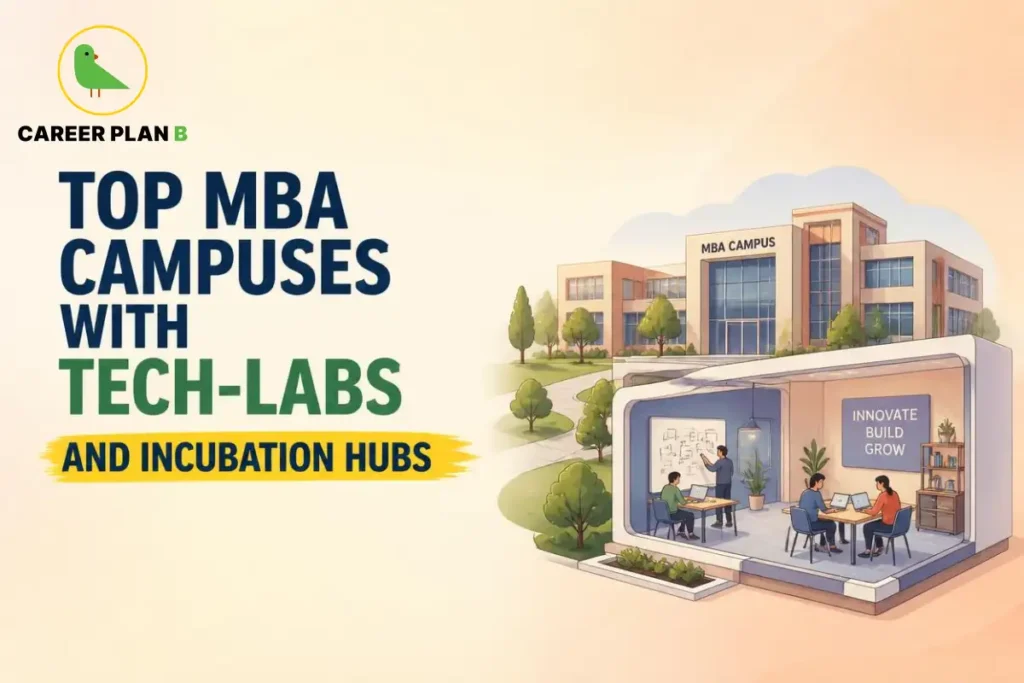Top MBA campuses with tech labs and incubation hubs, featuring Career Plan B logo and campus innovation spaces.