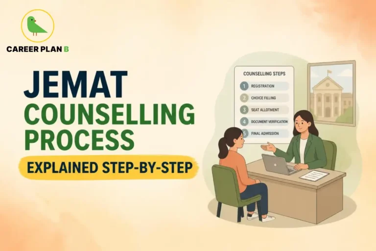 JEMAT counselling process explained step-by-step with Career Plan B logo and admission counselling illustration.