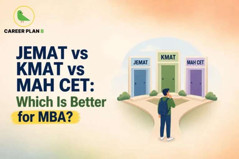 JEMAT vs KMAT vs MAH CET comparison graphic for MBA admissions with Career Plan B logo and three exam options.