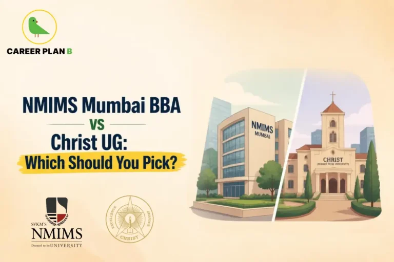 NMIMS Mumbai BBA vs Christ University comparison graphic for undergraduate admissions with Career Plan B logo.