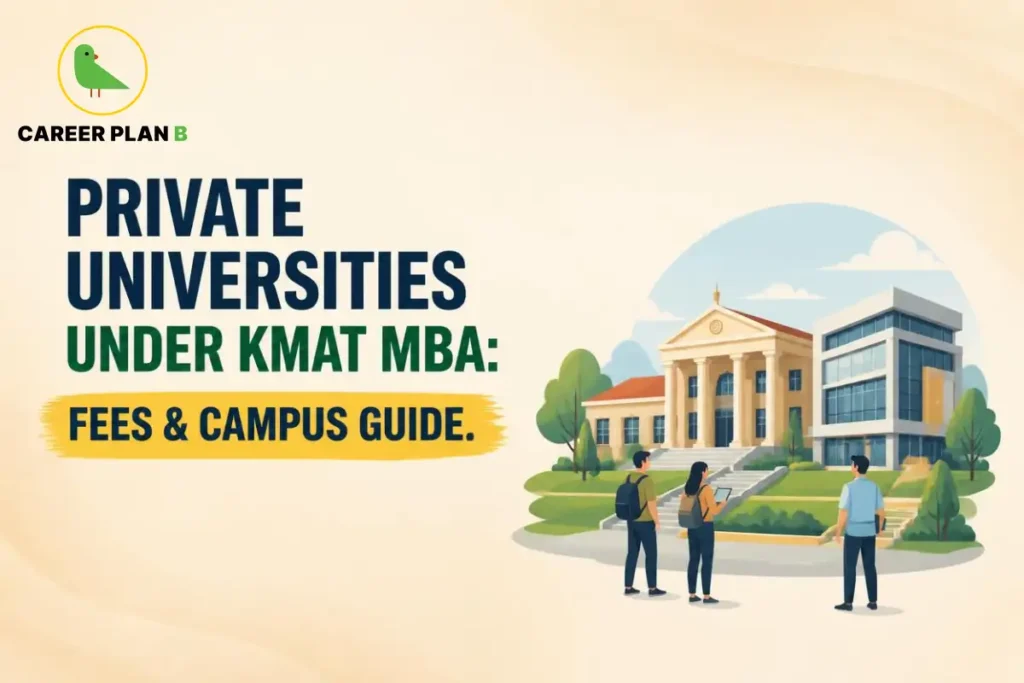 Private universities under KMAT MBA graphic showing fees, campus guide, students, and Career Plan B logo.