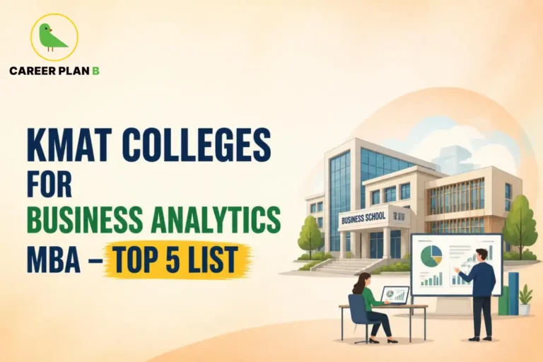 KMAT colleges for Business Analytics MBA, featuring a top five list, business school illustration, and Career Plan B logo.