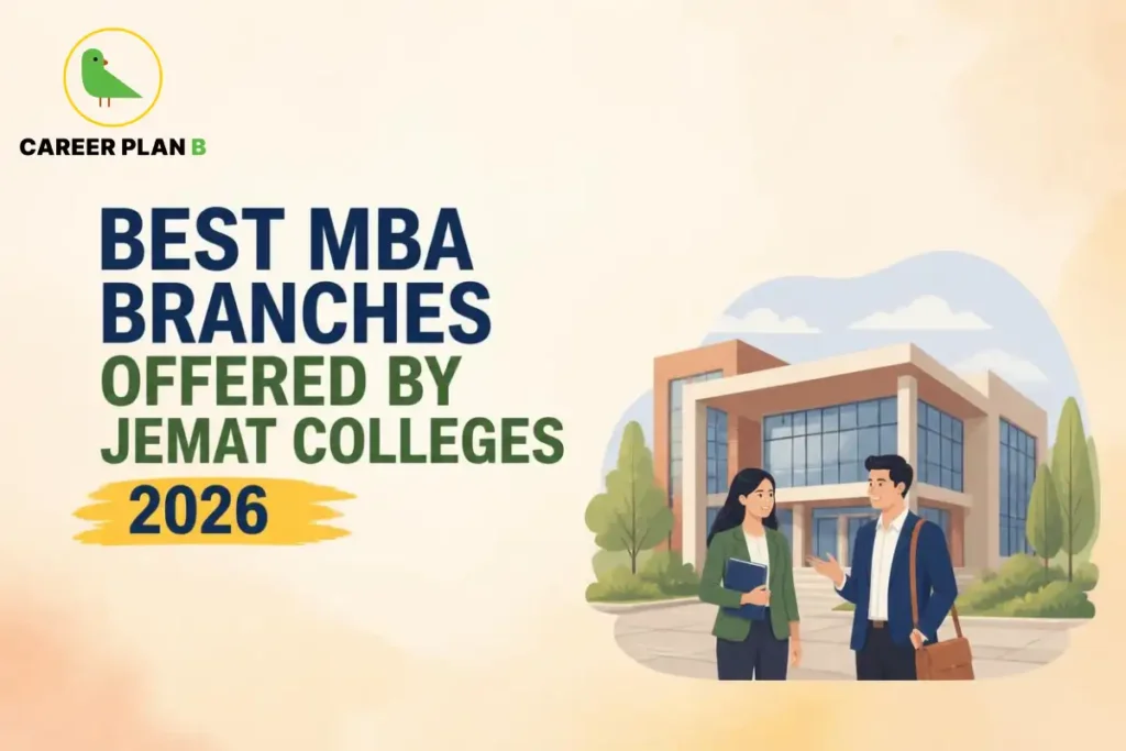 Best MBA branches offered by JEMAT colleges in 2026 with Career Plan B logo and campus illustration.