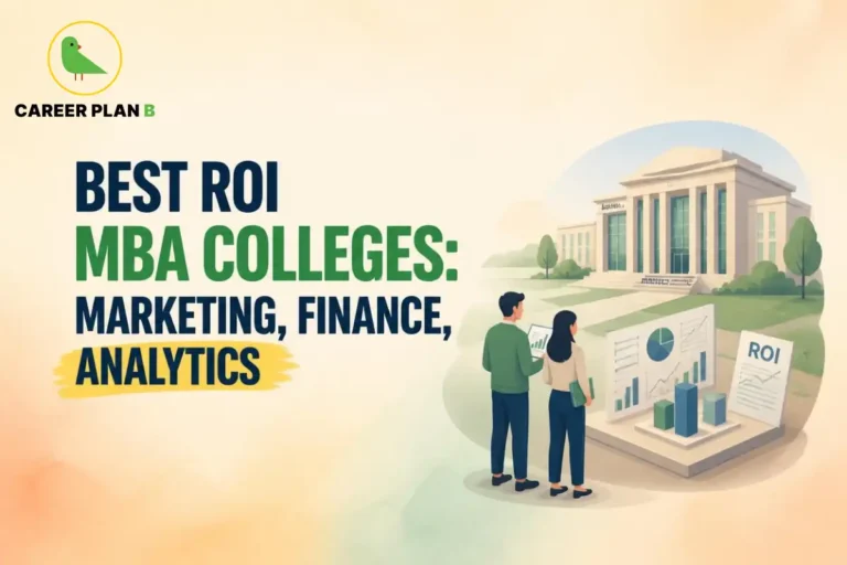 Best ROI MBA colleges for marketing, finance, and analytics with Career Plan B logo and campus illustration.