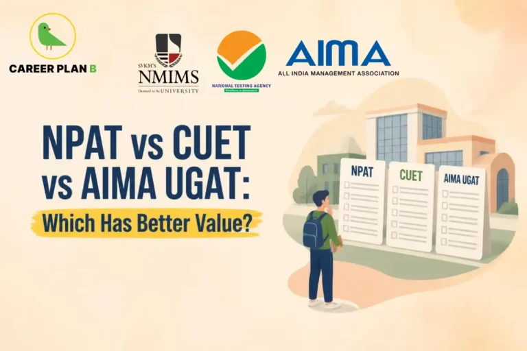 NPAT vs CUET vs AIMA UGAT comparison graphic showing exam checklists, university logos, and Career Plan B logo.