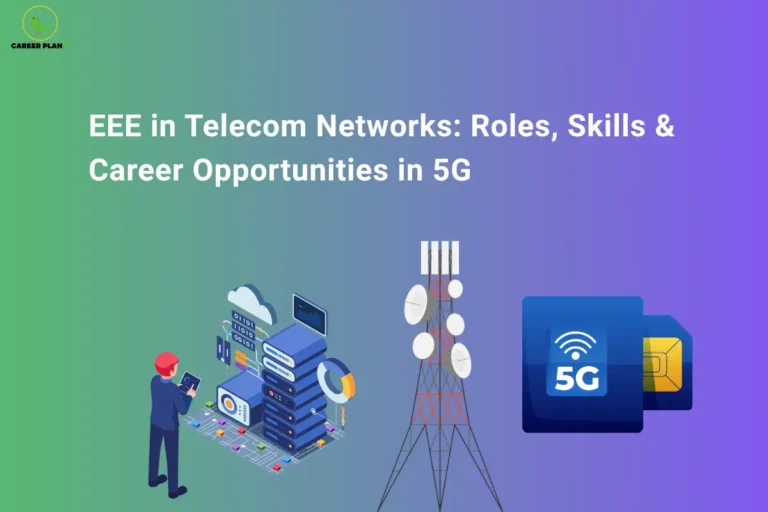 Illustration of EEE in telecom networks showing 5G infrastructure, telecom tower, data center, and wireless communication systems