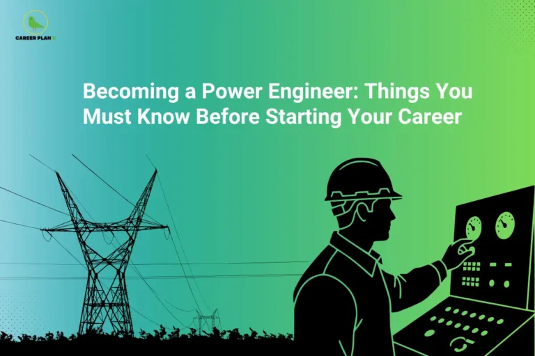 Power engineer monitoring electrical control systems with high-voltage transmission lines, representing careers in power engineering and the energy sector.
