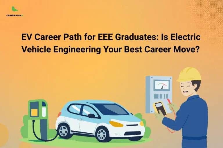 EV Career Path for EEE Graduates featuring an engineer testing an electric vehicle, EV charging station, battery systems, and electric vehicle engineering technology