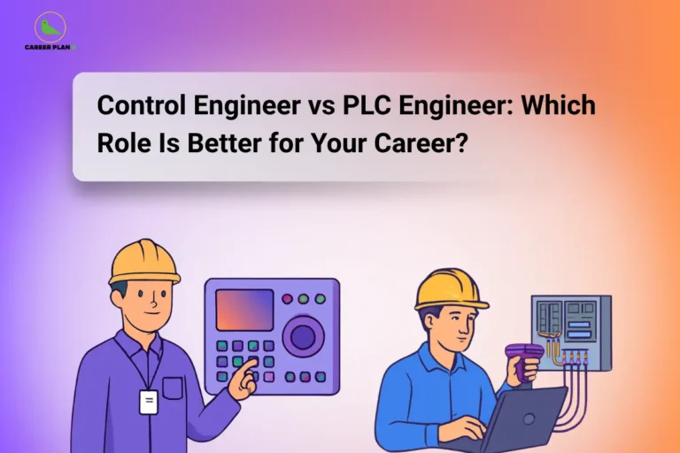 Control Engineer vs PLC Engineer comparison showing industrial automation, PLC programming, control systems engineering, and automation career opportunities