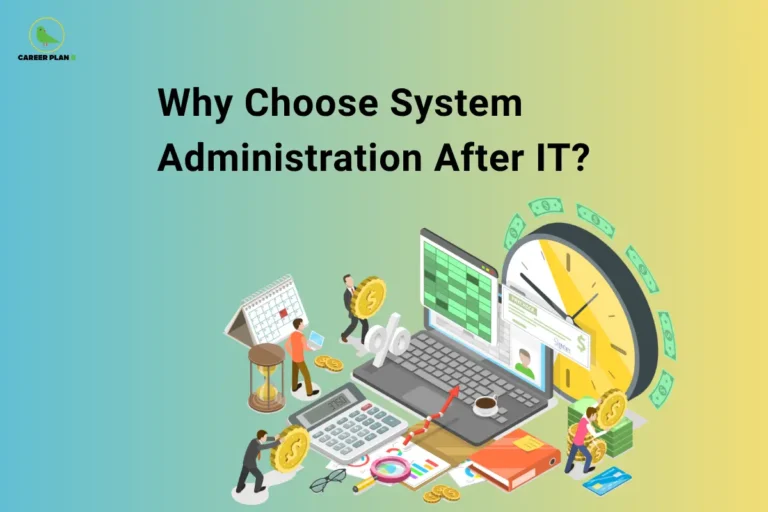 Illustration of a System Administrator Career showing IT infrastructure, servers, networking, and career growth after transitioning from IT support to system administration.