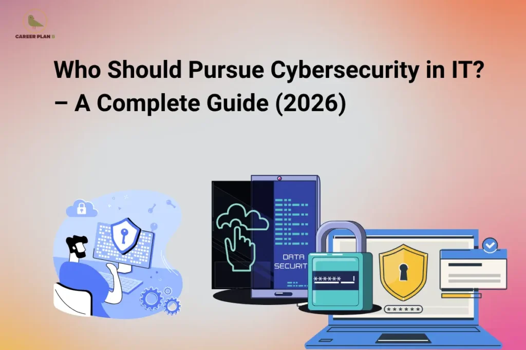 Illustration of cybersecurity in IT featuring network security, data protection, ethical hacking, cloud security, and cybersecurity career opportunities for IT professionals.
