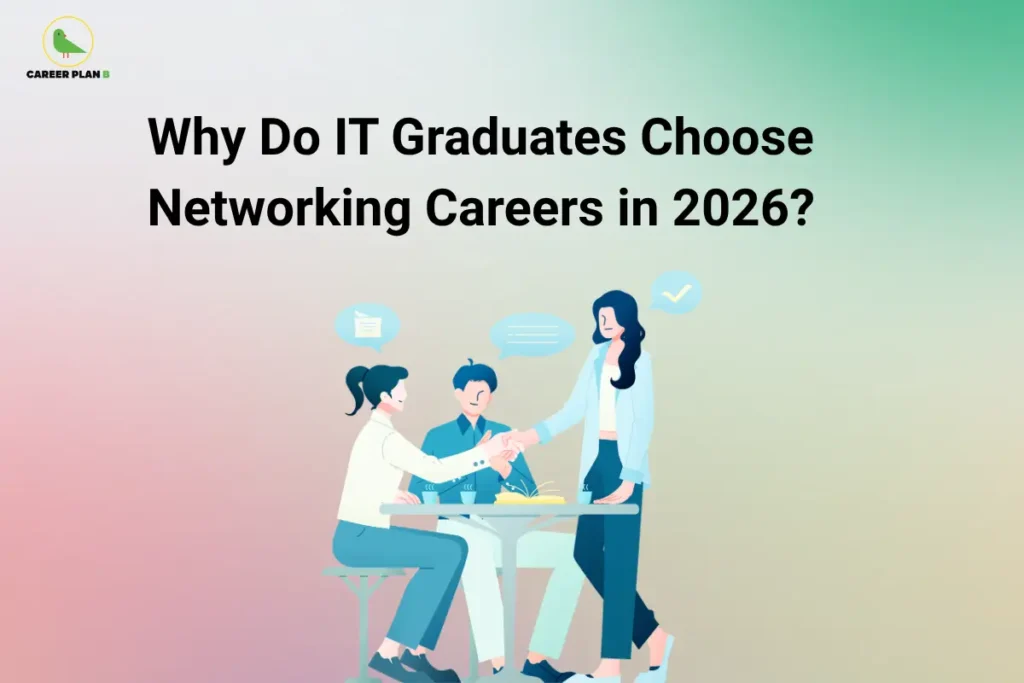 Illustration of IT graduates choosing networking careers, highlighting network engineering, IT infrastructure, cloud networking, networking certifications, and career growth opportunities in 2026.