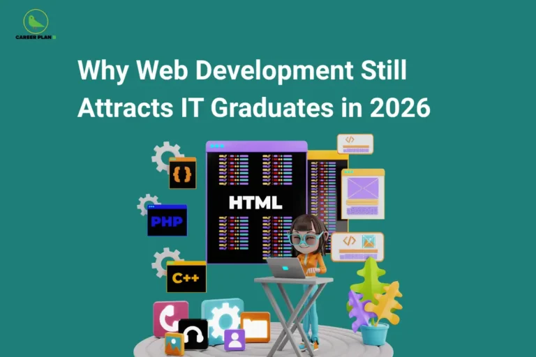 Illustration showing why web development still attracts IT graduates in 2026, featuring HTML, PHP, C++, coding, web development, programming languages, and modern web technologies.