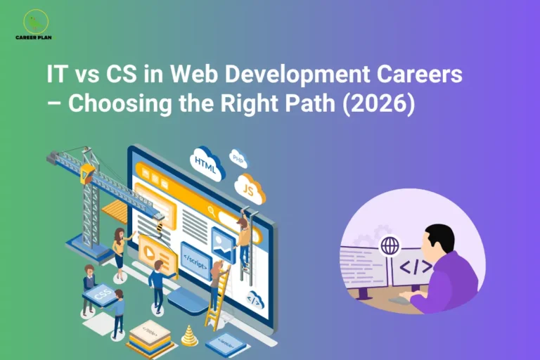 Comparison of IT vs CS in web development careers featuring HTML, CSS, JavaScript, PHP, front-end development, back-end development, full-stack development, and career opportunities for IT and Computer Science graduates.