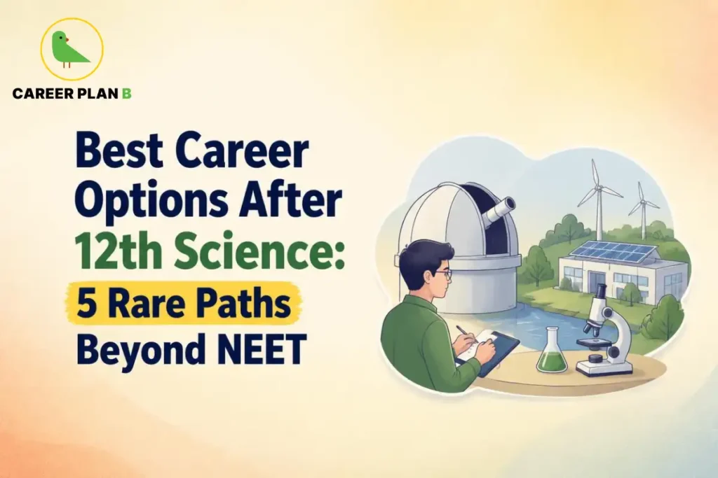 Best career options after 12th science showing a student studying with scientific tools and sustainable technology background.