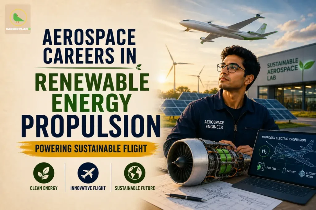 Aerospace Careers in Renewable Energy Propulsion showing an aerospace engineer with a hydrogen-electric aircraft engine, sustainable aircraft, wind turbines, solar panels, hydrogen fuel system, and clean aviation technologies powering sustainable flight.