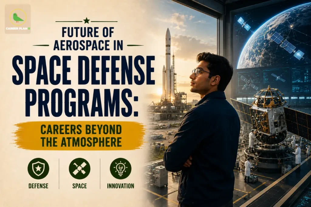 Future of Aerospace in Space Defense Programs featured image showing an aerospace engineer, rocket launch, military satellite, and the title "Future of Aerospace in Space Defense Programs: Careers Beyond the Atmosphere".