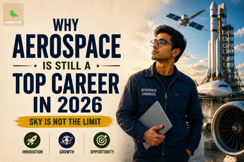 Why Aerospace Is Still a Top Career in 2026 featured image showing an aerospace engineer holding a laptop beside a passenger aircraft, rocket launch, satellite, and aircraft engine with the text "Why Aerospace Is Still a Top Career in 2026 – Sky Is Not the Limit".