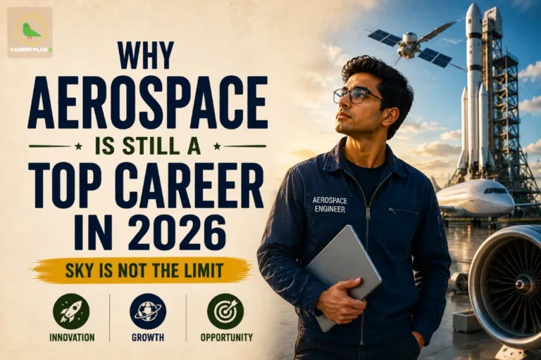 Why Aerospace Is Still a Top Career in 2026 featured image showing an aerospace engineer holding a laptop beside a passenger aircraft, rocket launch, satellite, and aircraft engine with the text "Why Aerospace Is Still a Top Career in 2026 – Sky Is Not the Limit".
