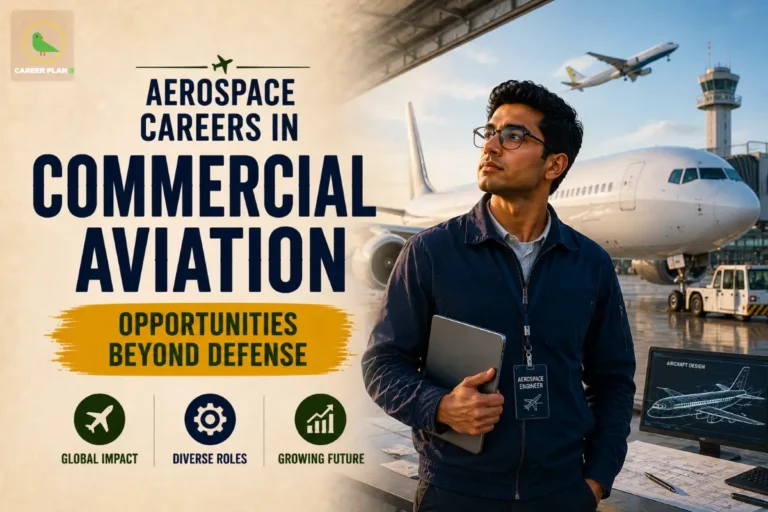Aerospace Careers in Commercial Aviation featured image showing an aerospace engineer holding a laptop beside a commercial aircraft, airport control tower, aircraft design display, and the text "Aerospace Careers in Commercial Aviation: Opportunities Beyond Defense".