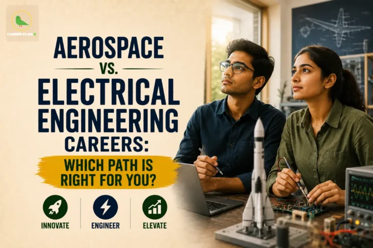 Aerospace vs. Electrical Engineering Careers: Which Path Is Right for You? featuring two engineering students working on electronics and a rocket model, laptops, circuit boards, aerospace design sketches, and icons for Innovate, Engineer, and Elevate, comparing Aerospace vs Electrical Engineering Careers and future engineering opportunities.