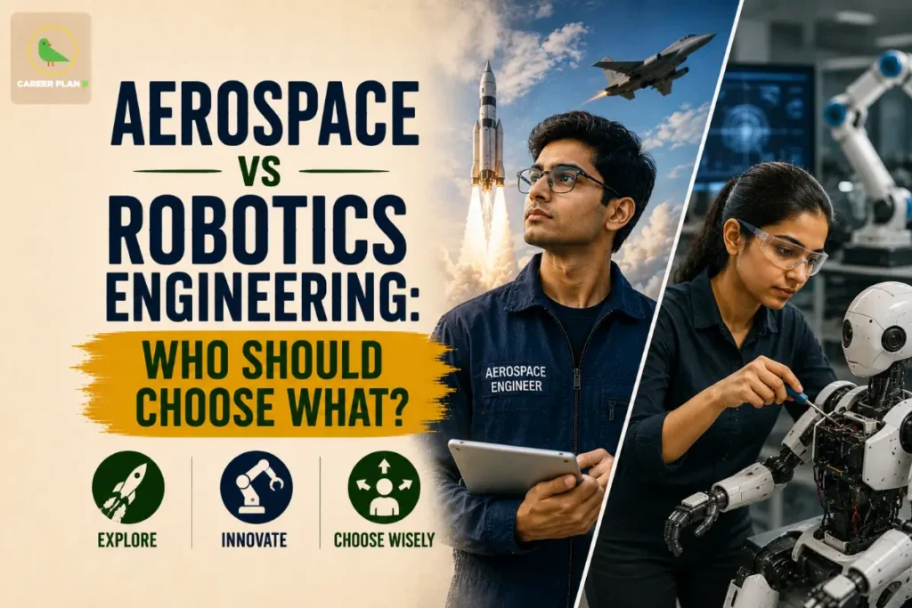 Aerospace vs Robotics Engineering: Who Should Choose What? featuring an aerospace engineer with a rocket launch and fighter jet, a robotics engineer working on a humanoid robot, and icons for Explore, Innovate, and Choose Wisely, comparing Aerospace vs Robotics Engineering and future engineering career opportunities.