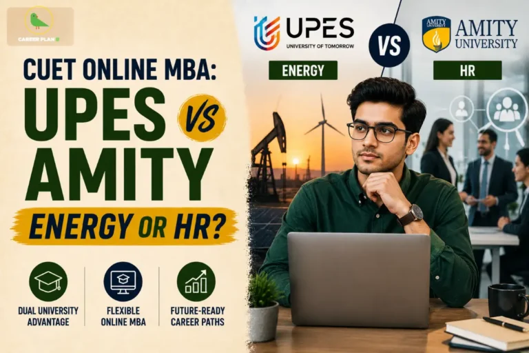An informational graphic comparing UPES Energy and Amity HR programs displays the Career Plan B logo.