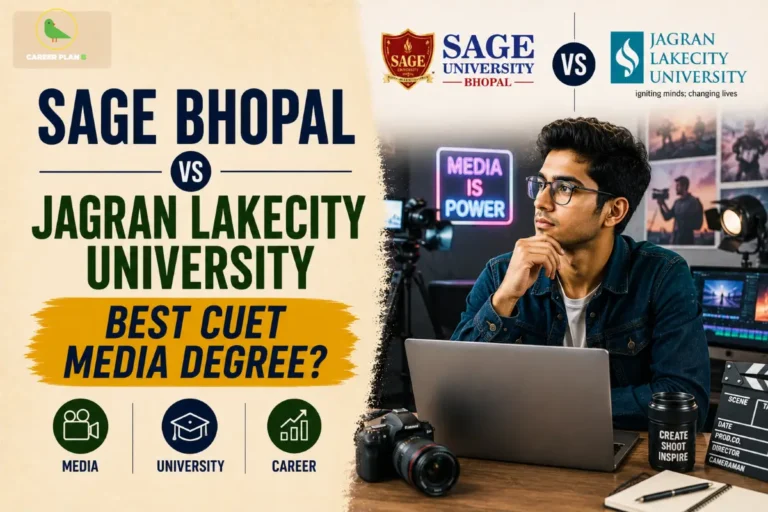 An informational graphic comparing SAGE Bhopal and Jagran Lakecity University degrees, featuring the Career Plan B logo.