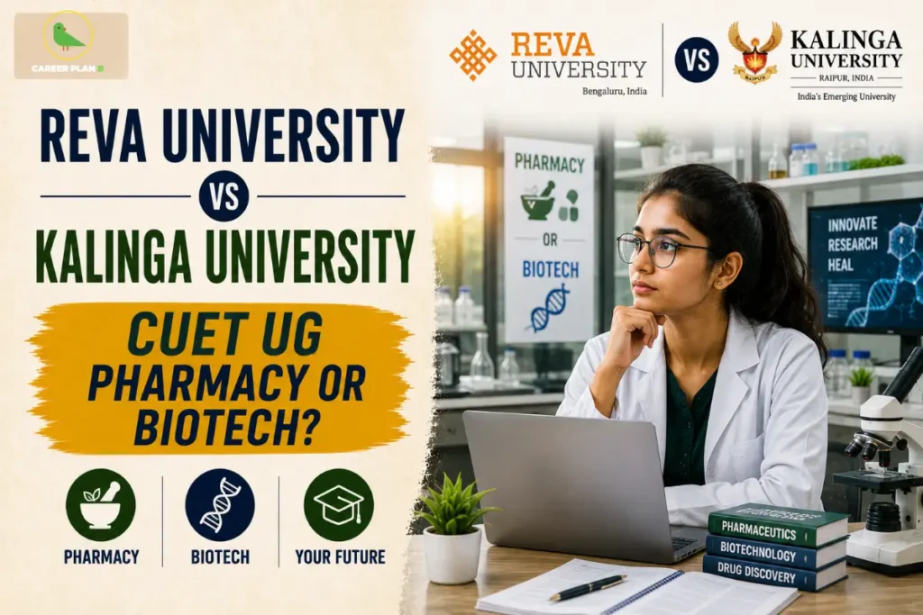 Informational graphic comparing pharmacy vs biotech degrees at different universities, including a Career Plan B logo.