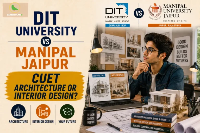 An informational graphic comparing DIT University and Manipal Jaipur architecture programs, displaying the Career Plan B logo.