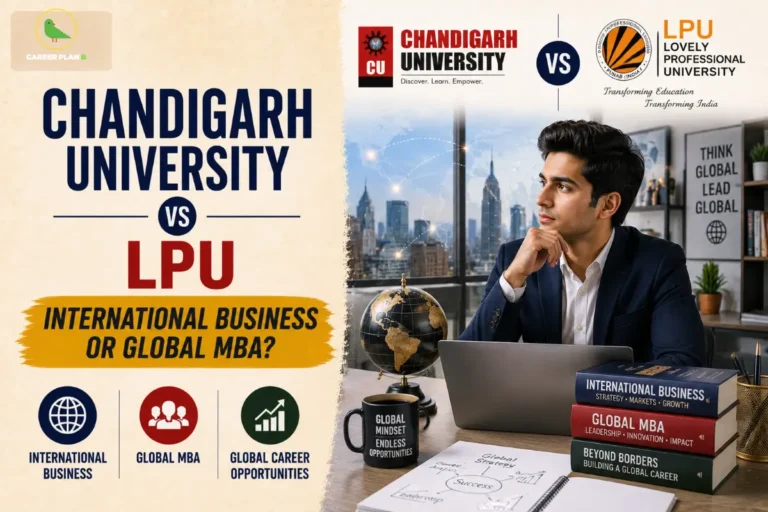 Comparison graphic with university logos, student workspace, and global business books, including Career Plan B logo and Global MBA.