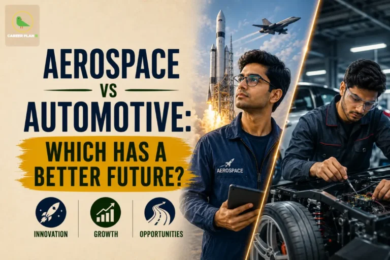 Aerospace vs Automotive: Which Has a Better Future? featuring an aerospace engineer with a rocket launch and fighter jet, an automotive engineer working on a vehicle chassis, and icons for Innovation, Growth, and Opportunities, comparing Aerospace vs Automotive Engineering and future engineering career opportunities.